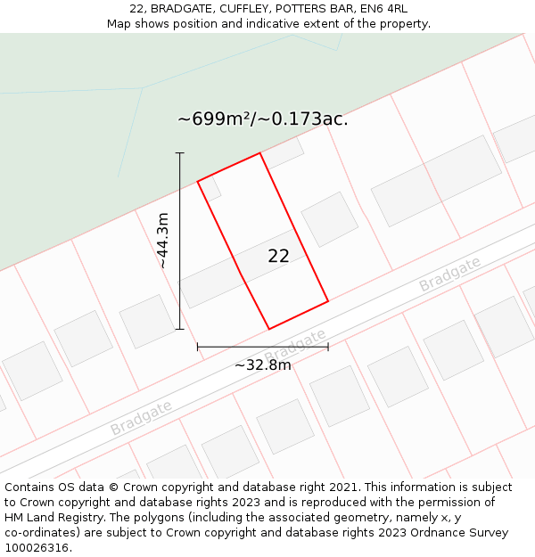 22, BRADGATE, CUFFLEY, POTTERS BAR, EN6 4RL: Plot and title map