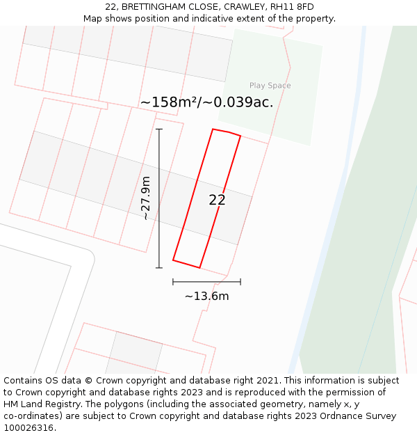 22, BRETTINGHAM CLOSE, CRAWLEY, RH11 8FD: Plot and title map