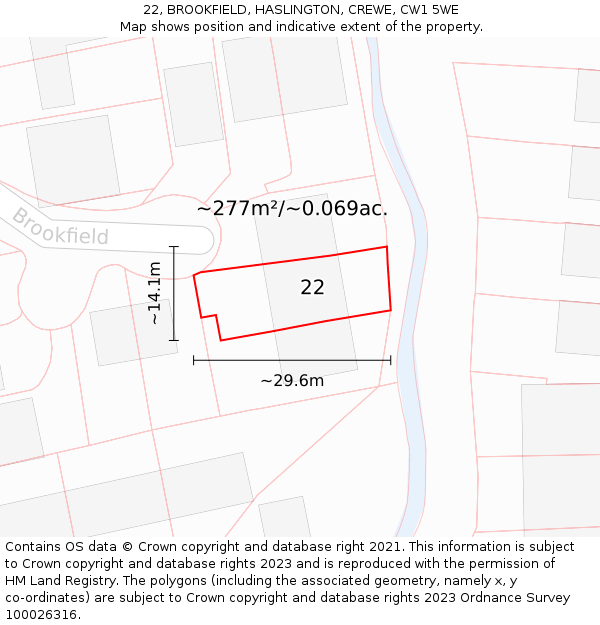 22, BROOKFIELD, HASLINGTON, CREWE, CW1 5WE: Plot and title map