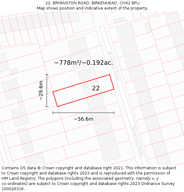 22, BRYANSTON ROAD, BIRKENHEAD, CH42 8PU: Plot and title map