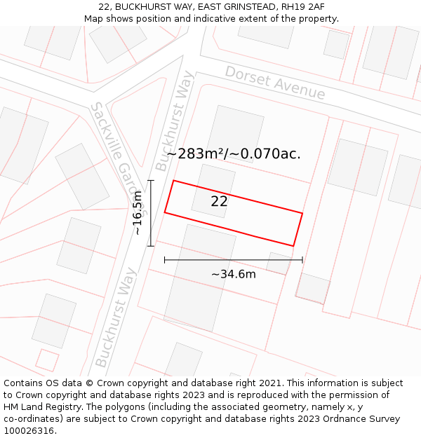22, BUCKHURST WAY, EAST GRINSTEAD, RH19 2AF: Plot and title map