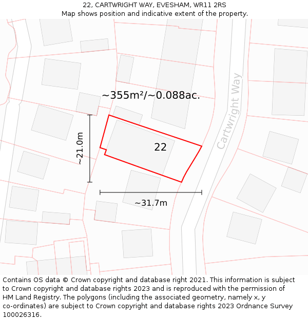 22, CARTWRIGHT WAY, EVESHAM, WR11 2RS: Plot and title map