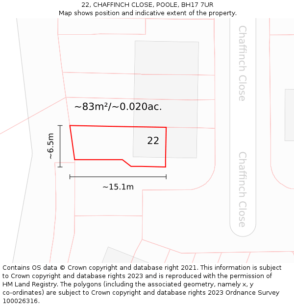 22, CHAFFINCH CLOSE, POOLE, BH17 7UR: Plot and title map