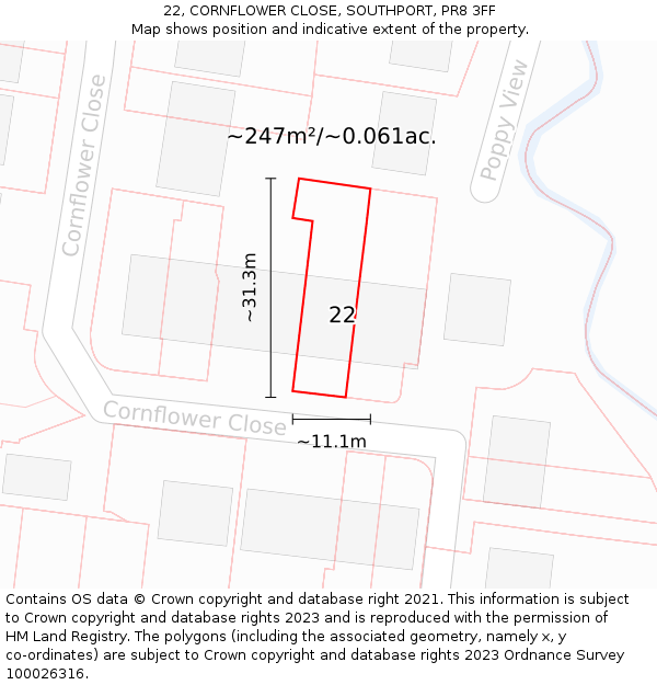 22, CORNFLOWER CLOSE, SOUTHPORT, PR8 3FF: Plot and title map