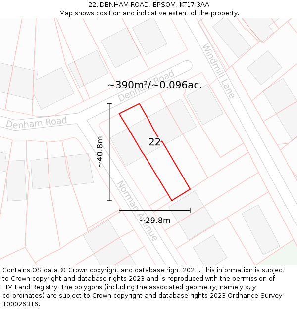 22, DENHAM ROAD, EPSOM, KT17 3AA: Plot and title map