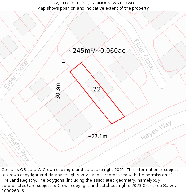 22, ELDER CLOSE, CANNOCK, WS11 7WB: Plot and title map