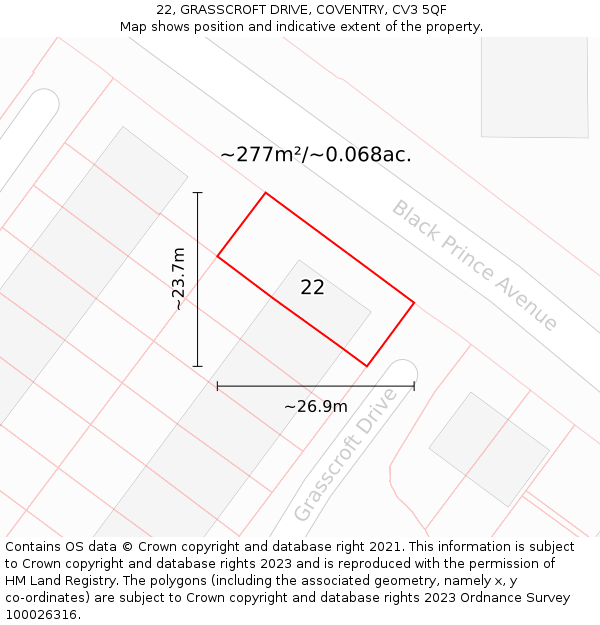 22, GRASSCROFT DRIVE, COVENTRY, CV3 5QF: Plot and title map