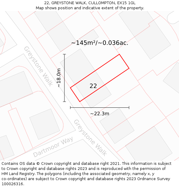 22, GREYSTONE WALK, CULLOMPTON, EX15 1GL: Plot and title map