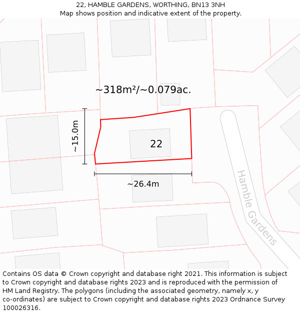 22, HAMBLE GARDENS, WORTHING, BN13 3NH: Plot and title map