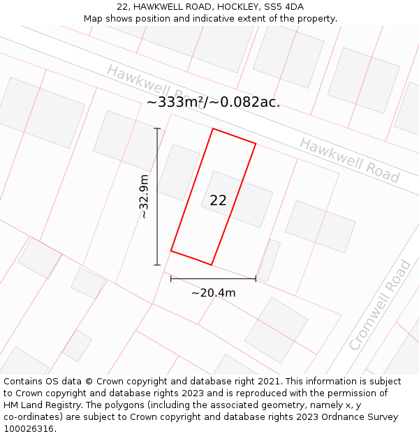 22, HAWKWELL ROAD, HOCKLEY, SS5 4DA: Plot and title map