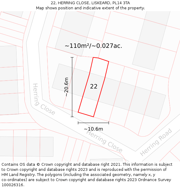 22, HERRING CLOSE, LISKEARD, PL14 3TA: Plot and title map