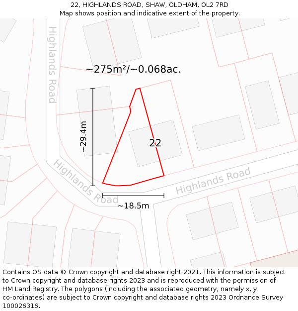 22, HIGHLANDS ROAD, SHAW, OLDHAM, OL2 7RD: Plot and title map
