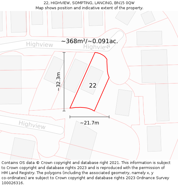 22, HIGHVIEW, SOMPTING, LANCING, BN15 0QW: Plot and title map