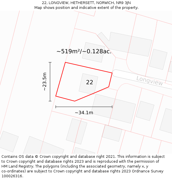 22, LONGVIEW, HETHERSETT, NORWICH, NR9 3JN: Plot and title map