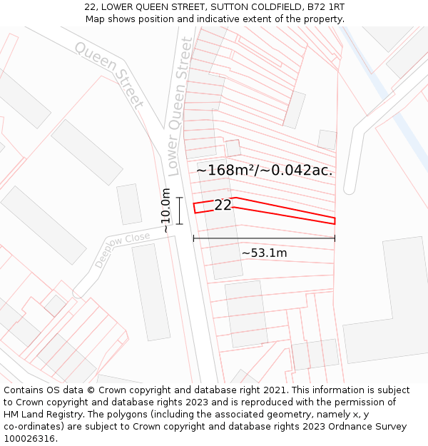 22, LOWER QUEEN STREET, SUTTON COLDFIELD, B72 1RT: Plot and title map