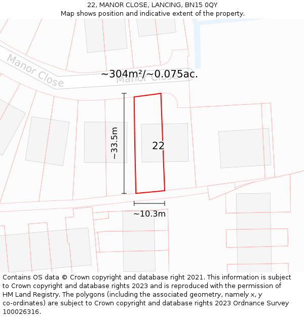 22, MANOR CLOSE, LANCING, BN15 0QY: Plot and title map