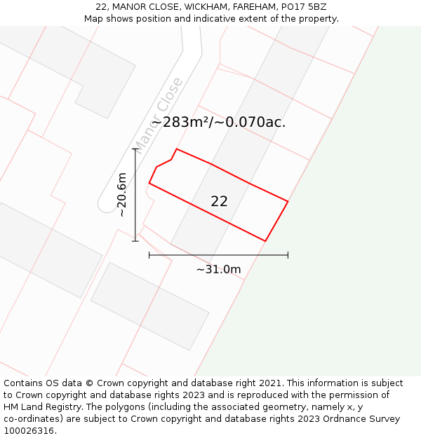 22, MANOR CLOSE, WICKHAM, FAREHAM, PO17 5BZ: Plot and title map