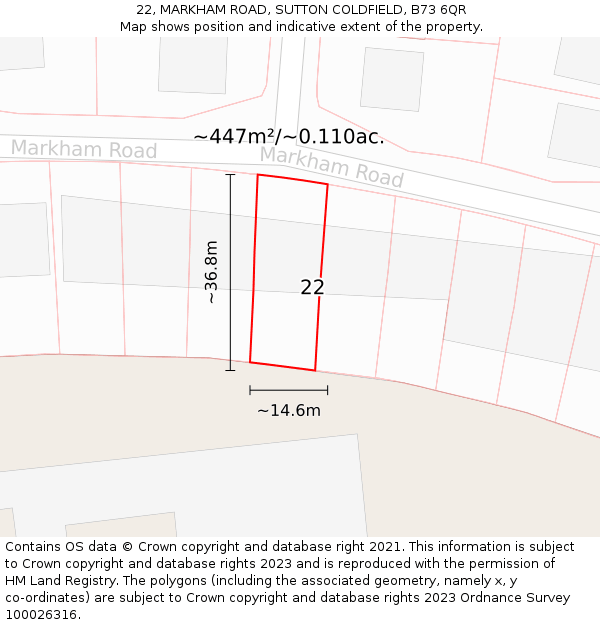 22, MARKHAM ROAD, SUTTON COLDFIELD, B73 6QR: Plot and title map