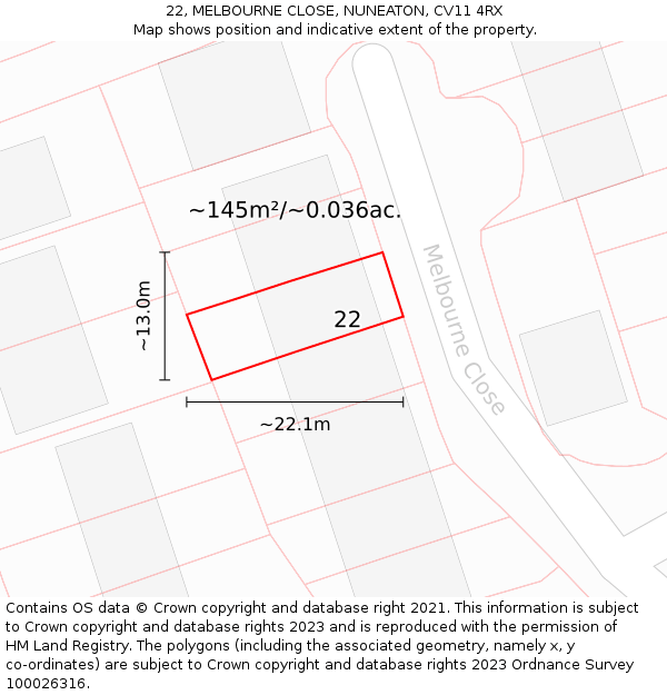 22, MELBOURNE CLOSE, NUNEATON, CV11 4RX: Plot and title map