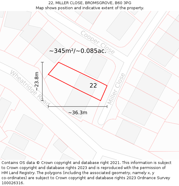 22, MILLER CLOSE, BROMSGROVE, B60 3PG: Plot and title map
