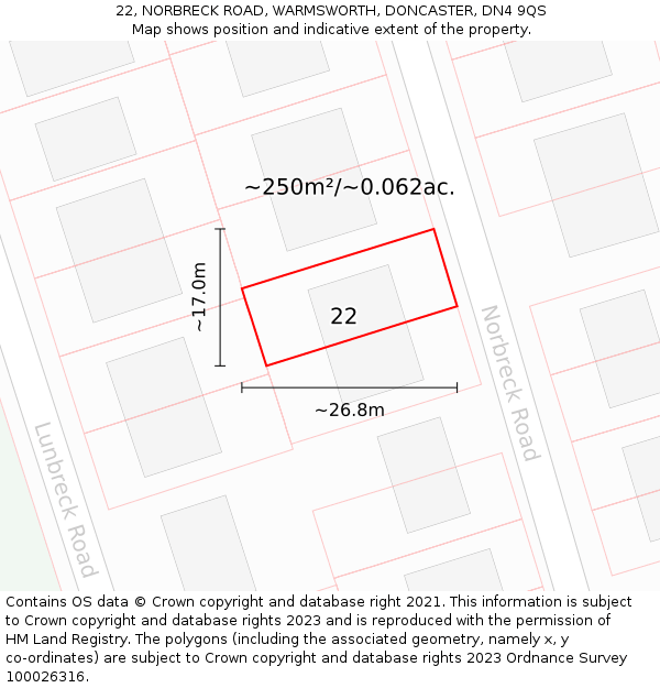 22, NORBRECK ROAD, WARMSWORTH, DONCASTER, DN4 9QS: Plot and title map