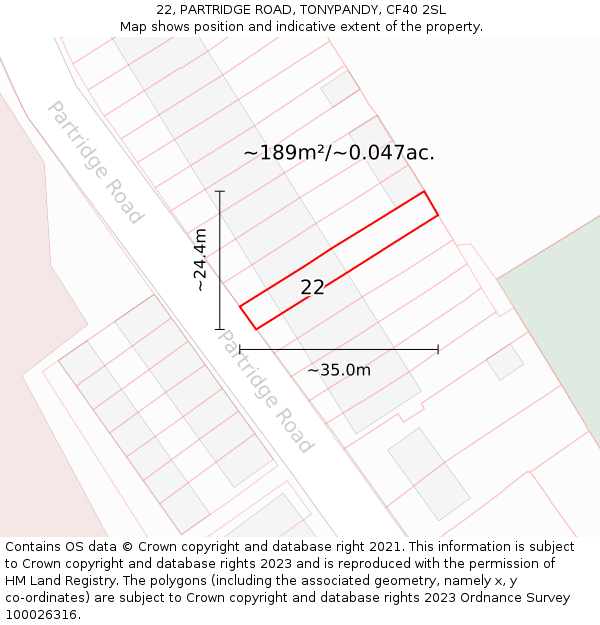 22, PARTRIDGE ROAD, TONYPANDY, CF40 2SL: Plot and title map