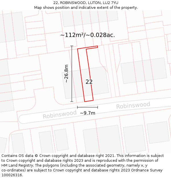 22, ROBINSWOOD, LUTON, LU2 7YU: Plot and title map