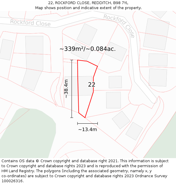 22, ROCKFORD CLOSE, REDDITCH, B98 7YL: Plot and title map