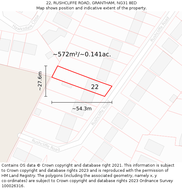 22, RUSHCLIFFE ROAD, GRANTHAM, NG31 8ED: Plot and title map