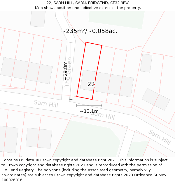 22, SARN HILL, SARN, BRIDGEND, CF32 9RW: Plot and title map