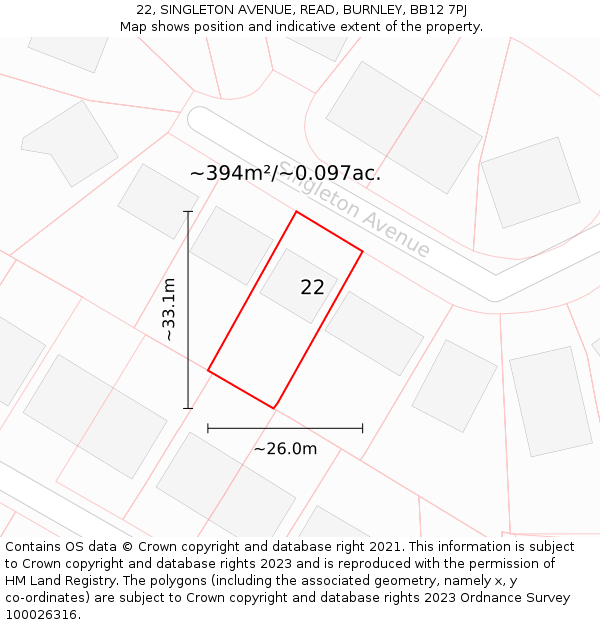 22, SINGLETON AVENUE, READ, BURNLEY, BB12 7PJ: Plot and title map