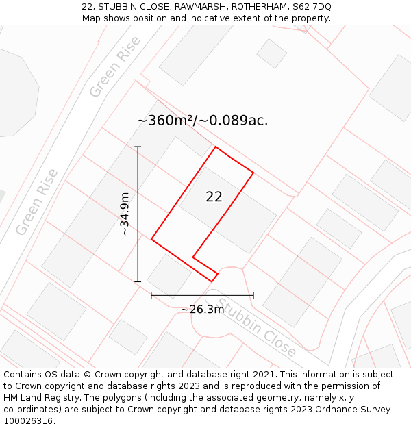 22, STUBBIN CLOSE, RAWMARSH, ROTHERHAM, S62 7DQ: Plot and title map