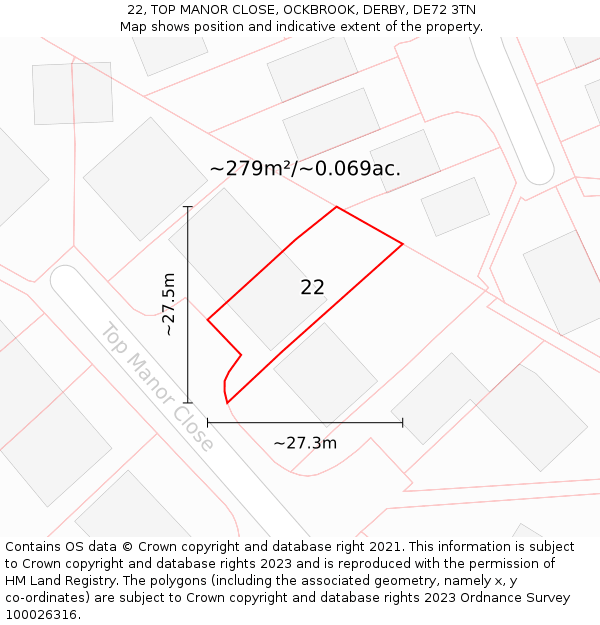 22, TOP MANOR CLOSE, OCKBROOK, DERBY, DE72 3TN: Plot and title map
