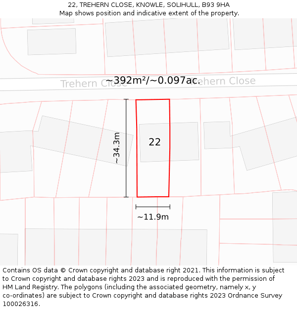 22, TREHERN CLOSE, KNOWLE, SOLIHULL, B93 9HA: Plot and title map