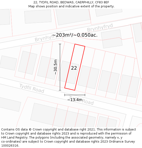 22, TYDFIL ROAD, BEDWAS, CAERPHILLY, CF83 8EF: Plot and title map