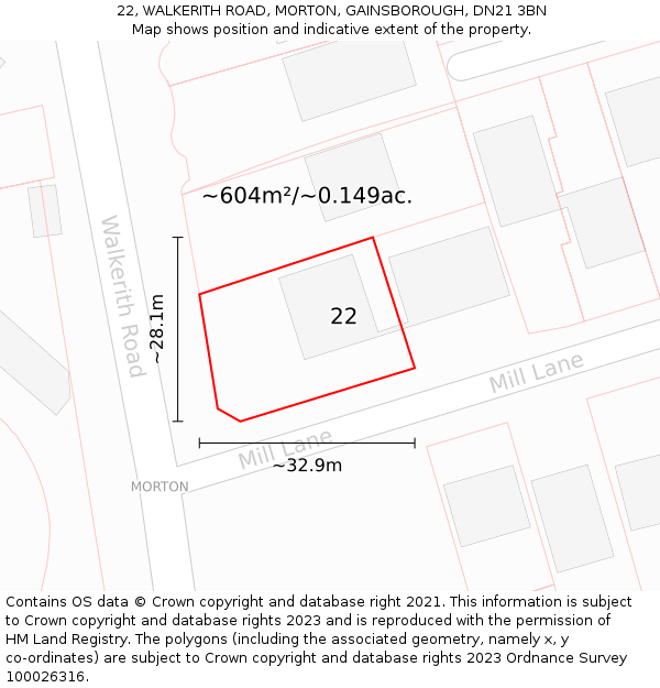 22, WALKERITH ROAD, MORTON, GAINSBOROUGH, DN21 3BN: Plot and title map