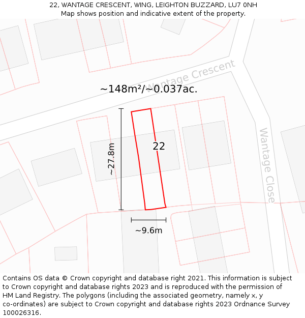 22, WANTAGE CRESCENT, WING, LEIGHTON BUZZARD, LU7 0NH: Plot and title map