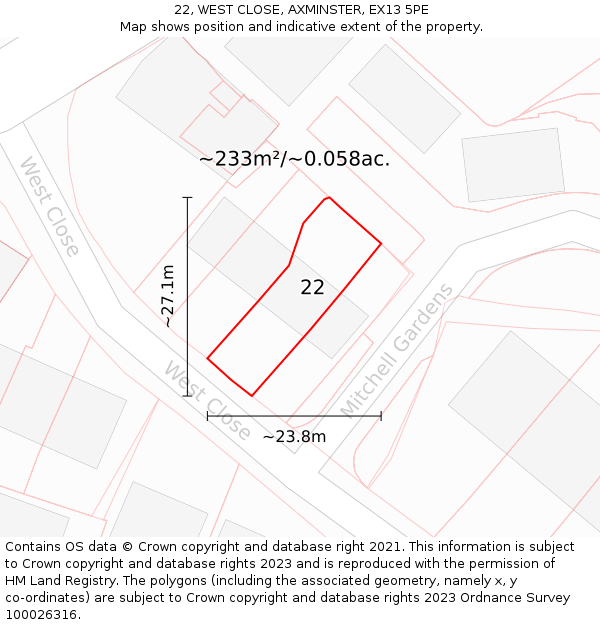 22, WEST CLOSE, AXMINSTER, EX13 5PE: Plot and title map