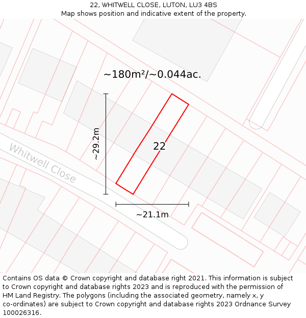 22, WHITWELL CLOSE, LUTON, LU3 4BS: Plot and title map