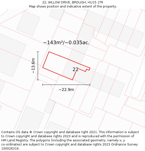 22, WILLOW DRIVE, BROUGH, HU15 1TR: Plot and title map