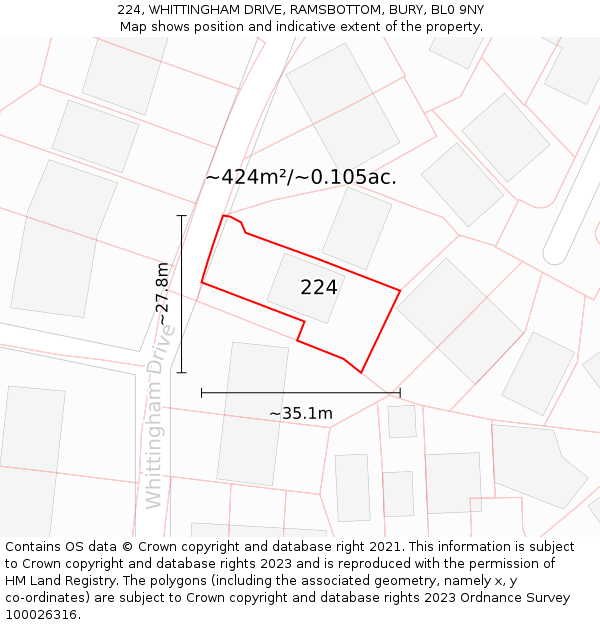 224, WHITTINGHAM DRIVE, RAMSBOTTOM, BURY, BL0 9NY: Plot and title map