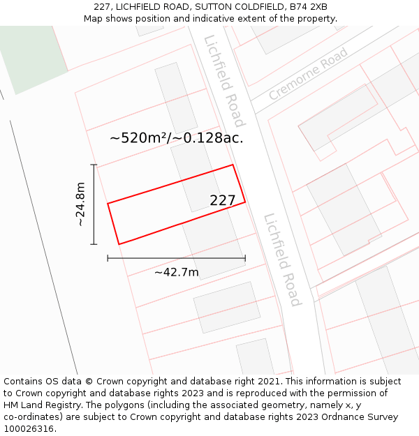 227, LICHFIELD ROAD, SUTTON COLDFIELD, B74 2XB: Plot and title map