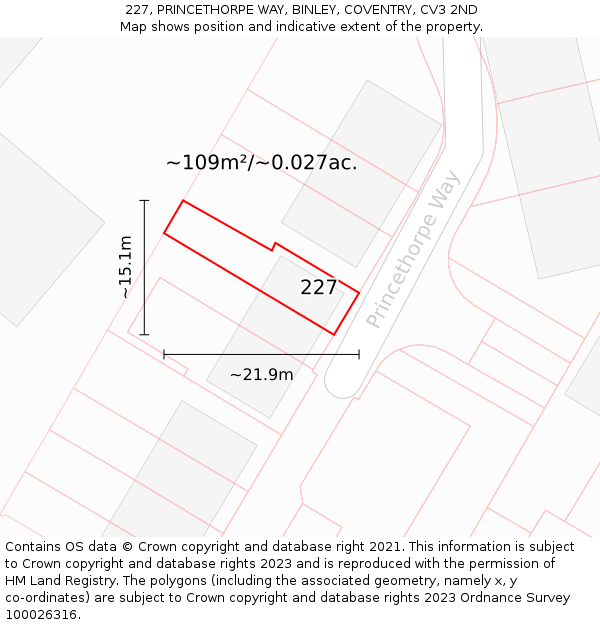 227, PRINCETHORPE WAY, BINLEY, COVENTRY, CV3 2ND: Plot and title map