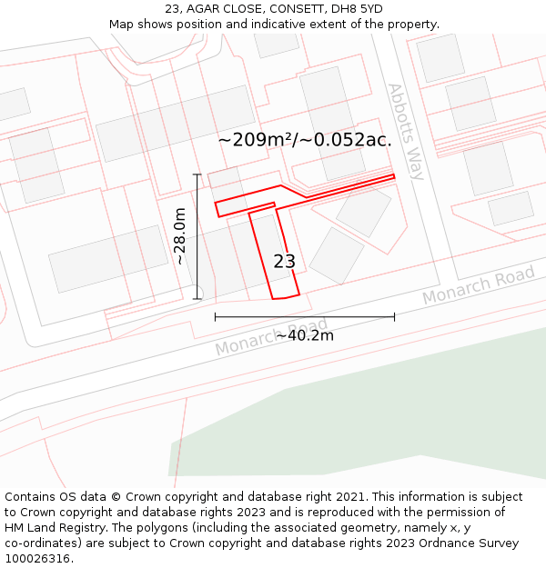 23, AGAR CLOSE, CONSETT, DH8 5YD: Plot and title map