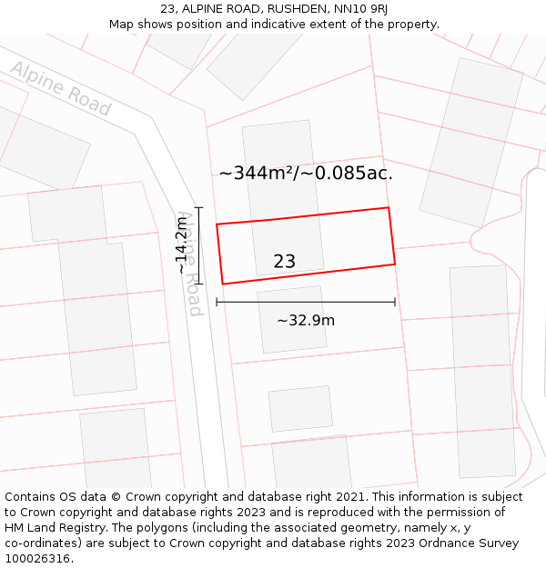 23, ALPINE ROAD, RUSHDEN, NN10 9RJ: Plot and title map