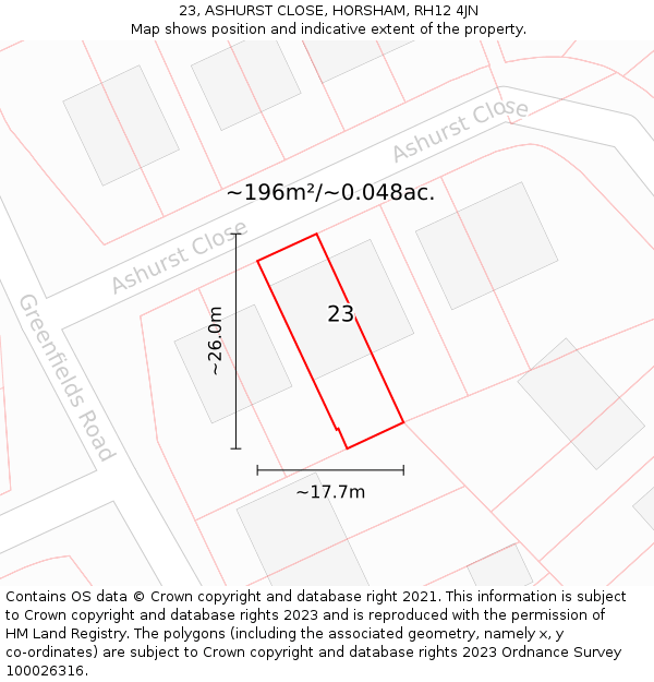 23, ASHURST CLOSE, HORSHAM, RH12 4JN: Plot and title map