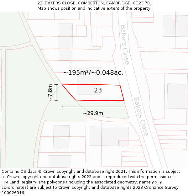 23, BAKERS CLOSE, COMBERTON, CAMBRIDGE, CB23 7DJ: Plot and title map