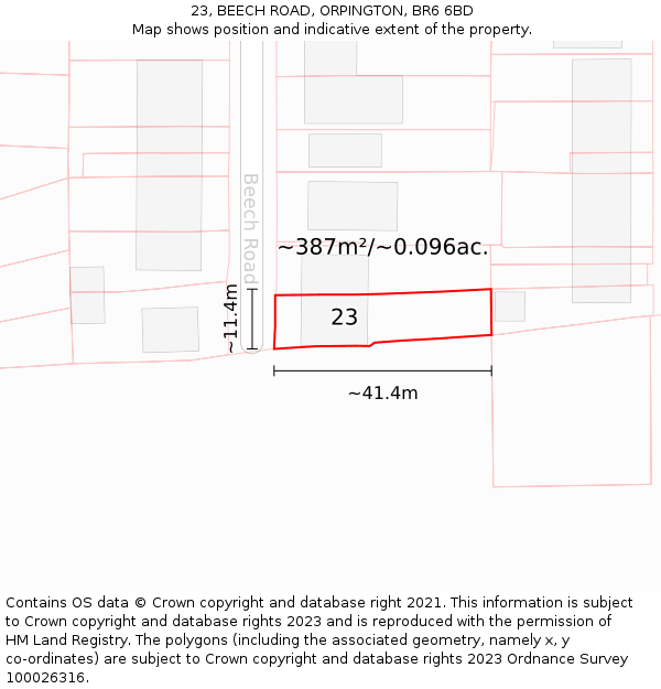 23, BEECH ROAD, ORPINGTON, BR6 6BD: Plot and title map