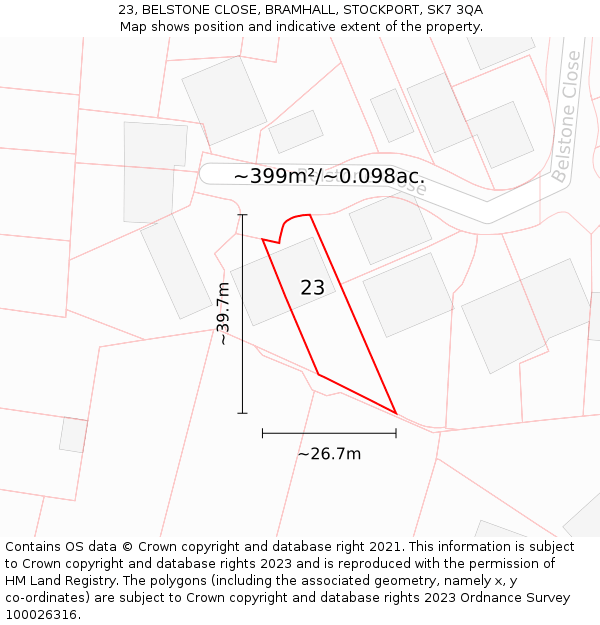 23, BELSTONE CLOSE, BRAMHALL, STOCKPORT, SK7 3QA: Plot and title map