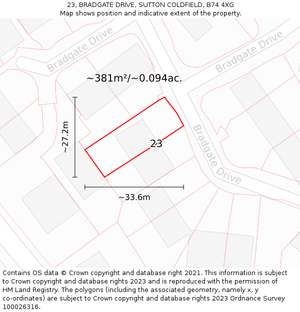 23, BRADGATE DRIVE, SUTTON COLDFIELD, B74 4XG: Plot and title map